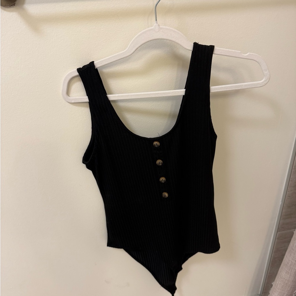 Black Ribbed Bodysuit with Front Buttons